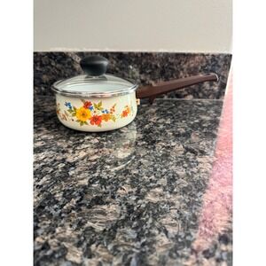 Vintage JMP Sweet Flowers Enamel Saucepan with Lid Made in Spain Floral Retro